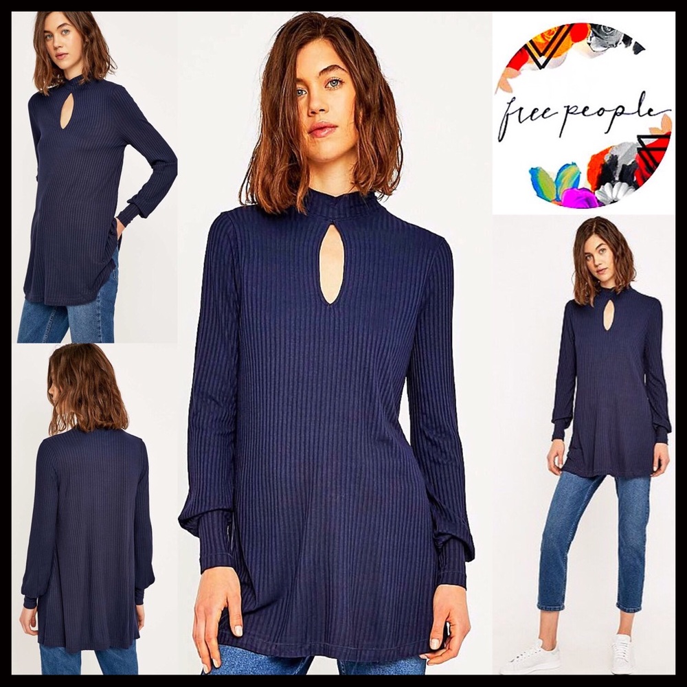 FREE PEOPLE RIBBED TUNIC MOCK NECK PULLOVER TOP - Picture 1 of 8